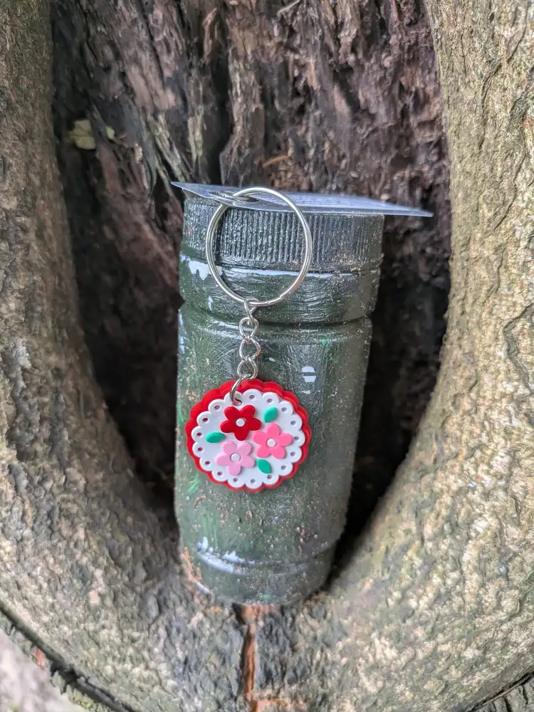 A treasure ready to be dropped into a geocache — joining a stash for the next visitor to discover.